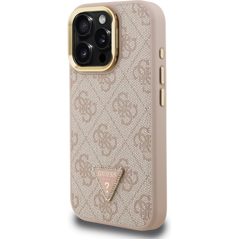 Guess-PU-4G-Strass-Triangle-Logo-Stand-Camera-Frame-MagSafe-kryt-iPhone-16-Pro-ruzovy