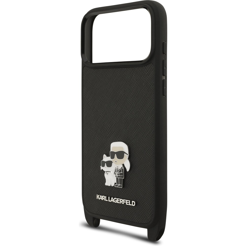 Karl-Lagerfeld-Saffiano-Crossbody-Popruh-Metal-Karl-and-Choupette-kryt-iPhone-17-Pro-Max-cerny