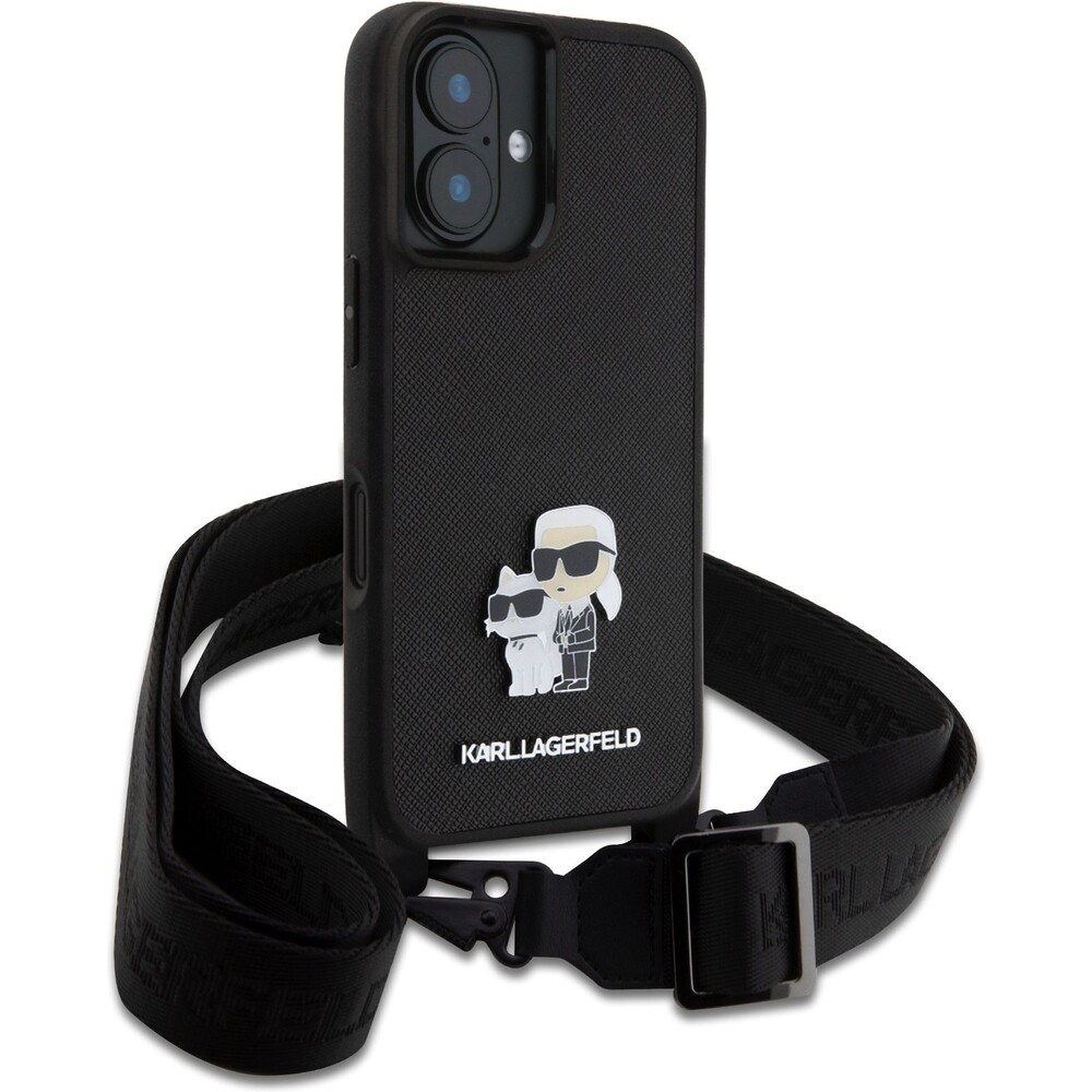 Karl-Lagerfeld-Saffiano-Crossbody-Popruh-Metal-Karl-and-Choupette-kryt-pro-iPhone-16-cerny