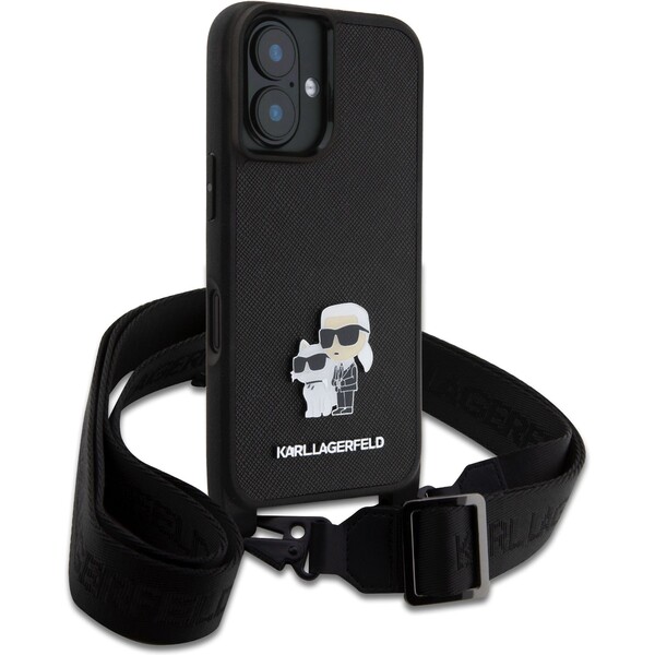 Karl-Lagerfeld-Saffiano-Crossbody-Popruh-Metal-Karl-and-Choupette-kryt-pro-iPhone-16-cerny