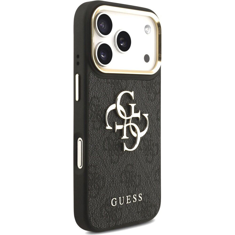 Guess-PU-Leather-4G-Metal-Logo-Gold-Frame-kryt-iPhone-17-Pro-cerny
