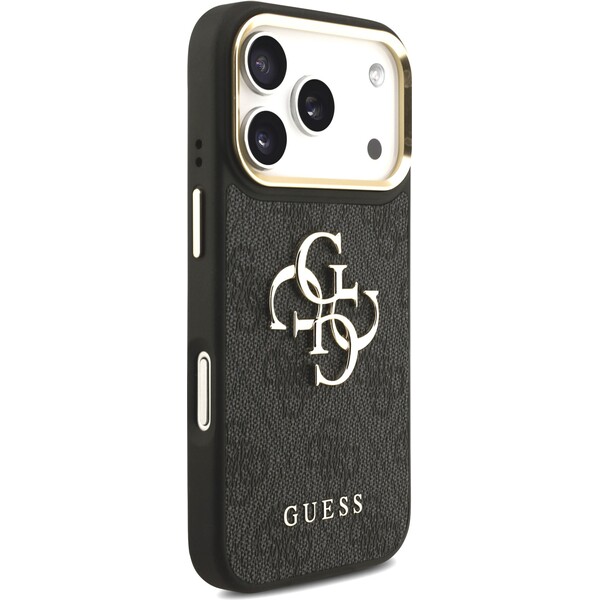 Guess-PU-Leather-4G-Metal-Logo-Gold-Frame-kryt-iPhone-17-Pro-cerny