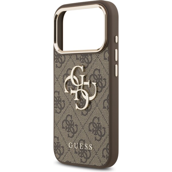 Guess-PU-Leather-4G-Metal-Logo-Gold-Frame-MagSafe-kryt-iPhone-17-Pro-hnedy