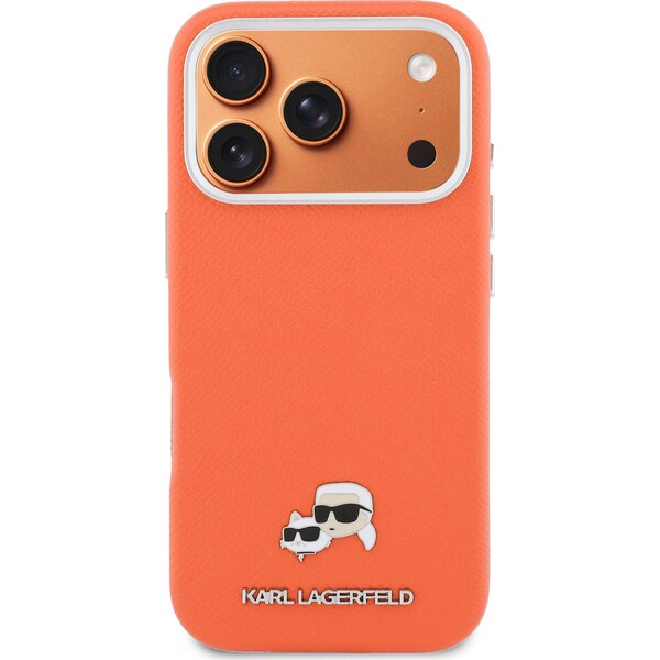 Karl-Lagerfeld-PU-Karl-and-Choupette-Heads-Pins-MagSafe-kryt-iPhone-17-Pro-oranzovy