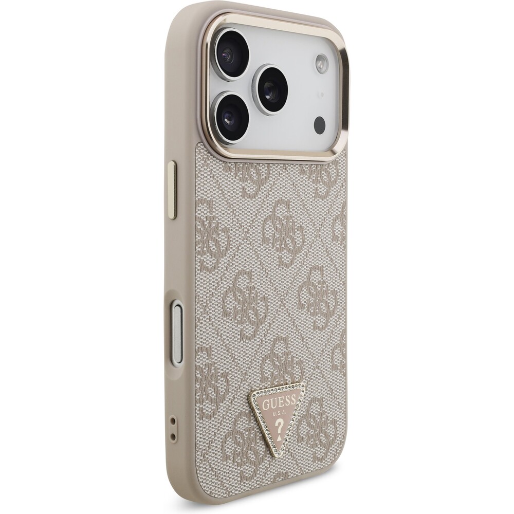 Guess-PU-Leather-4G-Triangle-Logo-Gold-Frame-MagSafe-kryt-iPhone-17-Pro-ruzovy