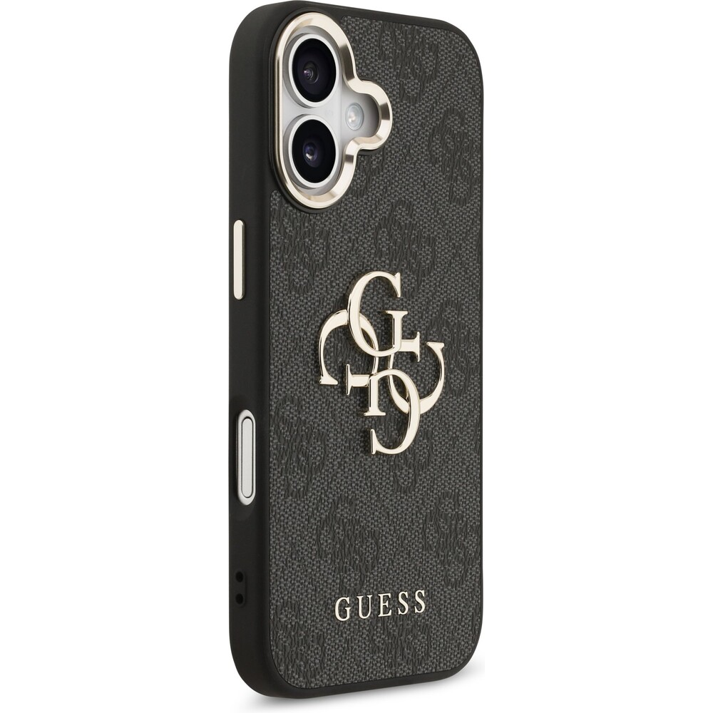 Guess-PU-Leather-4G-Metal-Logo-Gold-Frame-MagSafe-kryt-iPhone-17-cerny