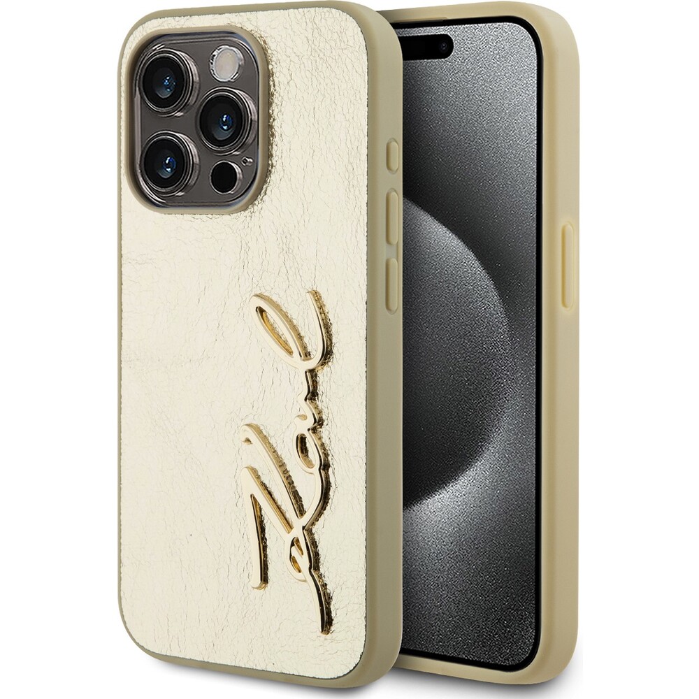 Karl-Lagerfeld-Wrinkled-PU-Signature-Logo-zadni-kryt-iPhone-15-Pro-Max-zlaty