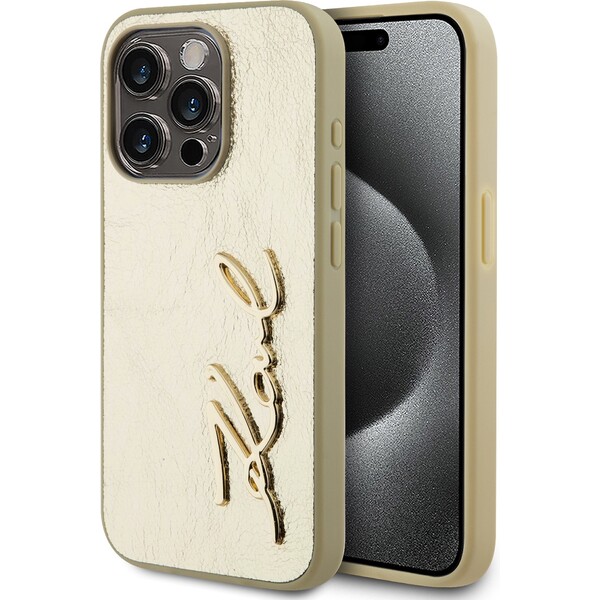 Karl-Lagerfeld-Wrinkled-PU-Signature-Logo-zadni-kryt-iPhone-15-Pro-Max-zlaty