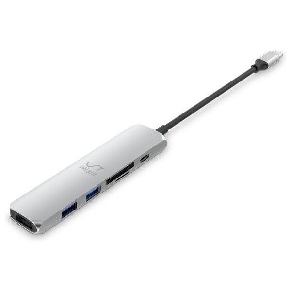 iWant-USB-C-HUB-6v1-HDMI-USB-C-USB-A-SD-Micro-SD-stribrny