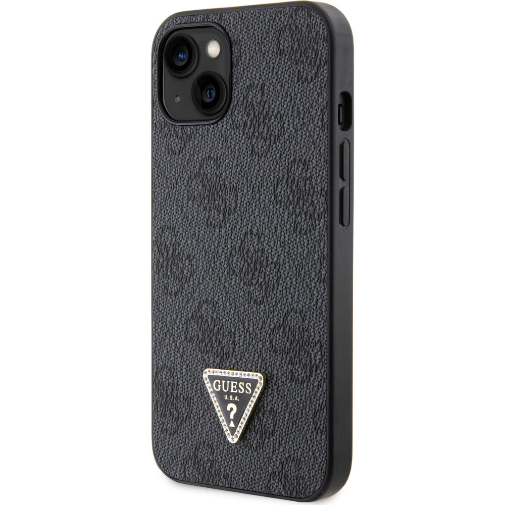 Guess-PU-4G-Strass-Triangle-Metal-Logo-kryt-iPhone-15-cerny