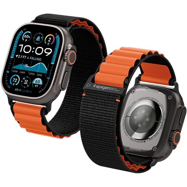 Spigen-Fabric-Band-hook-reminek-Apple-Watch-49-46-45-44mm-cerny-oranzovy