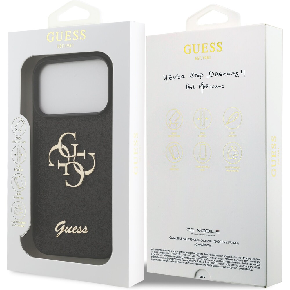 Guess-PU-Fixed-Glitter-4G-Metal-Logo-kryt-iPhone-17-Pro-cerny