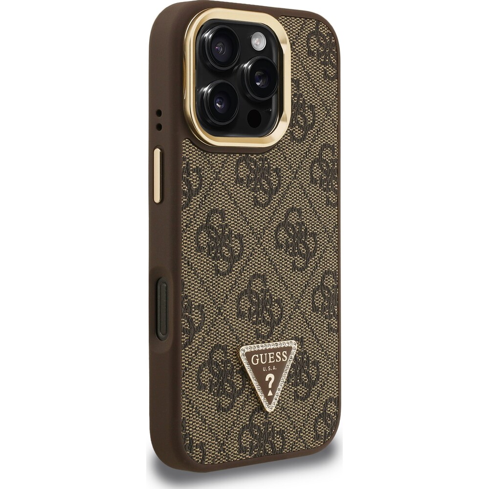 Guess-PU-4G-Strass-Triangle-Logo-Stand-Camera-Frame-MagSafe-kryt-iPhone-16-Pro-hnedy