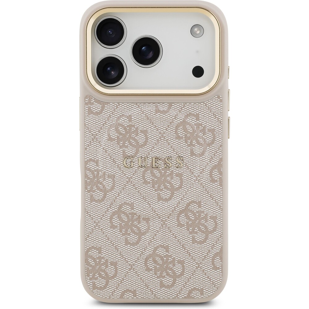 Guess-PU-Leather-4G-Gold-Frame-MagSafe-kryt-iPhone-17-Pro-ruzovy