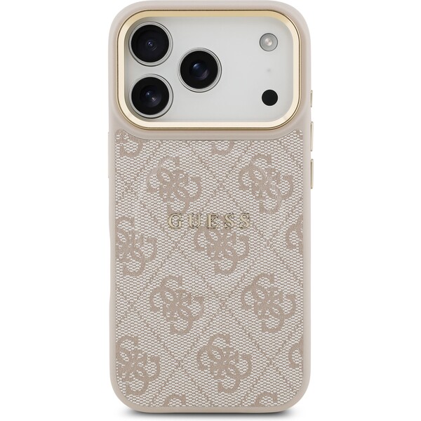 Guess-PU-Leather-4G-Gold-Frame-MagSafe-kryt-iPhone-17-Pro-ruzovy