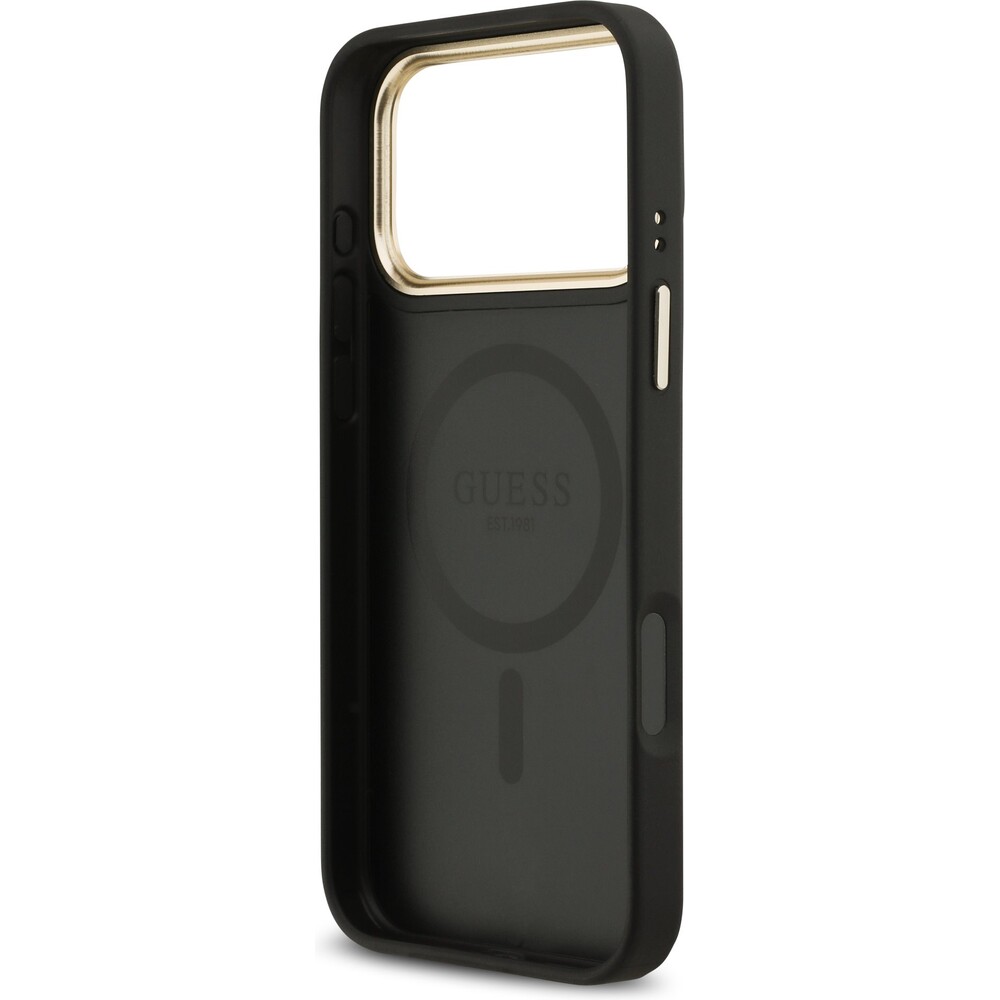 Guess-PU-Leather-4G-Gold-Frame-MagSafe-kryt-iPhone-17-Pro-Max-cerny