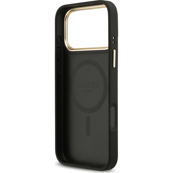 Guess-PU-Leather-4G-Gold-Frame-MagSafe-kryt-iPhone-17-Pro-Max-cerny