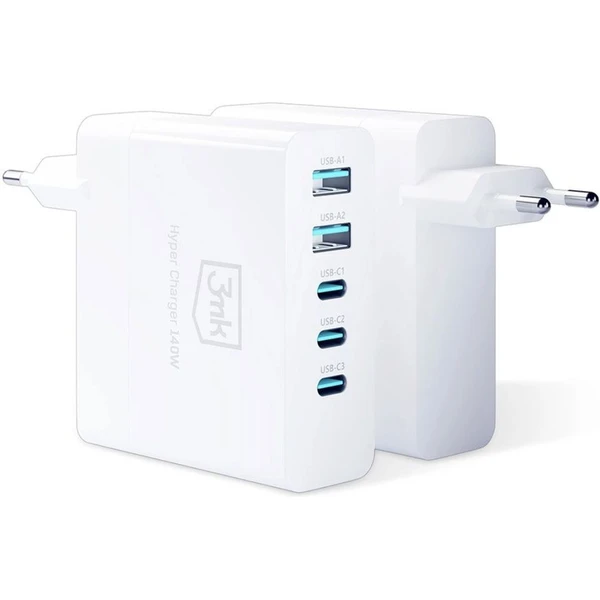 3mk Hyper Charger 140W síťová nabíječka, GaN 3x USB-C (PD) / 2x USB bílá - Nabíječky - Obrázek 11K8000K01
