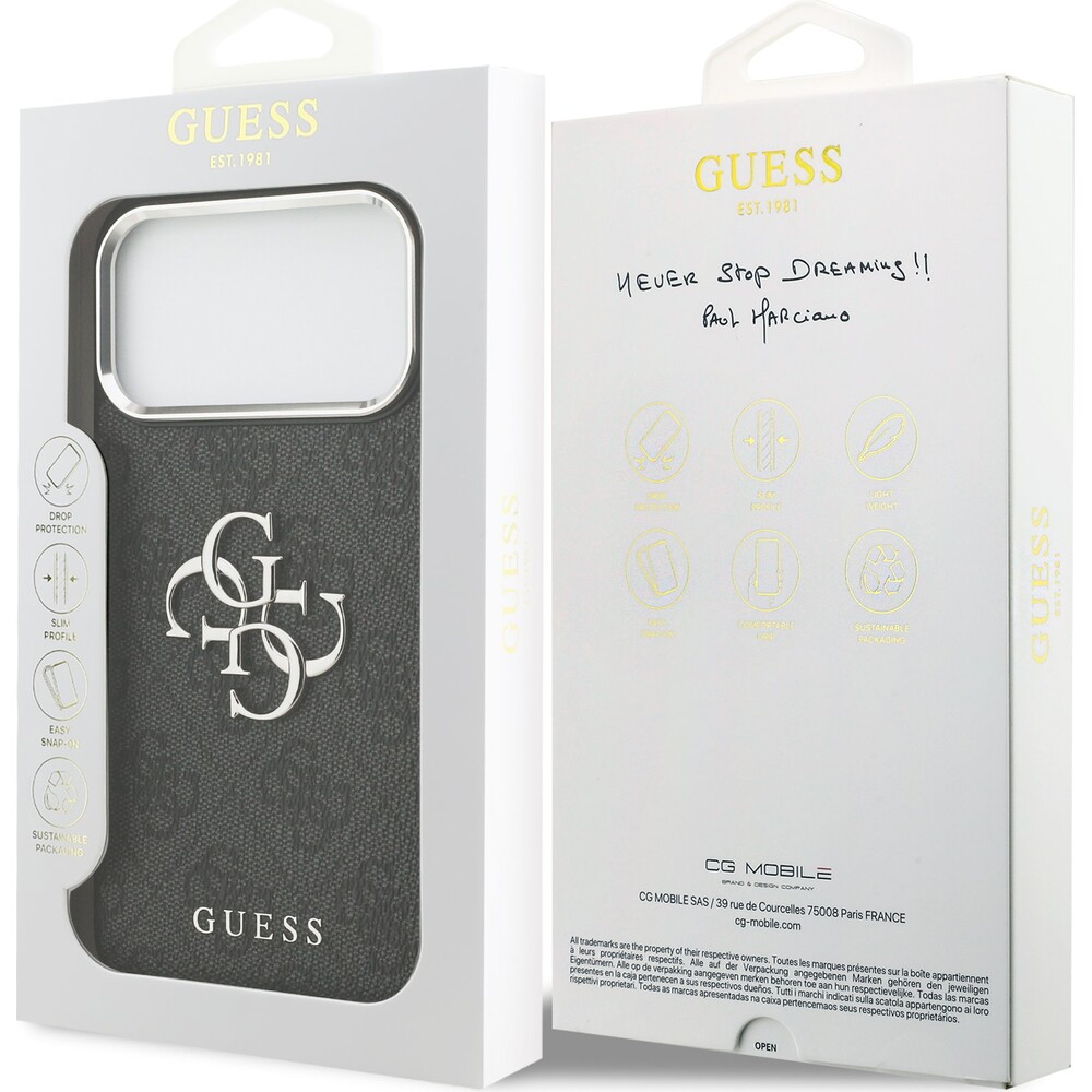 Guess-PU-4G-Metal-Logo-kryt-iPhone-17-Pro-Max-stribrny-cerny
