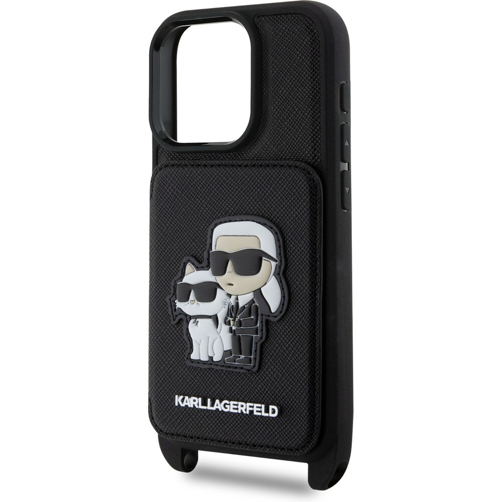 Karl-Lagerfeld-Saffiano-Crossbody-Popruh-Karl-and-Choupette-kryt-pro-iPhone-16-Pro-cerny