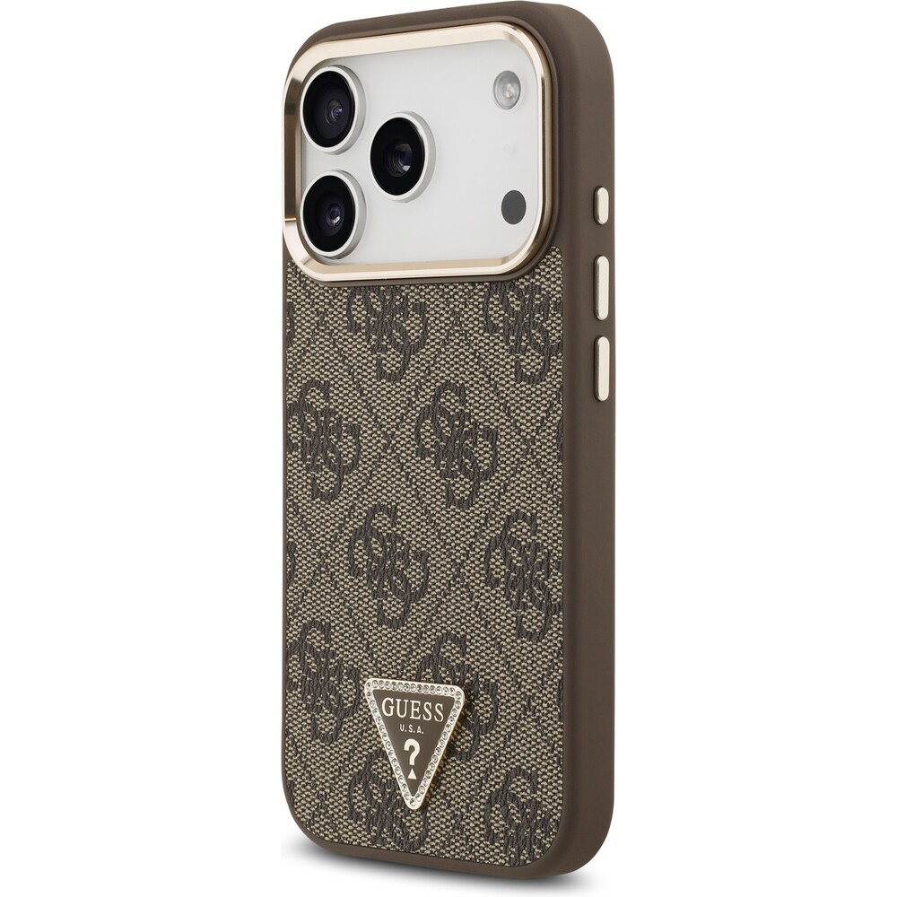 Guess-PU-Leather-4G-Triangle-Logo-Gold-Frame-MagSafe-kryt-iPhone-17-Pro-hnedy