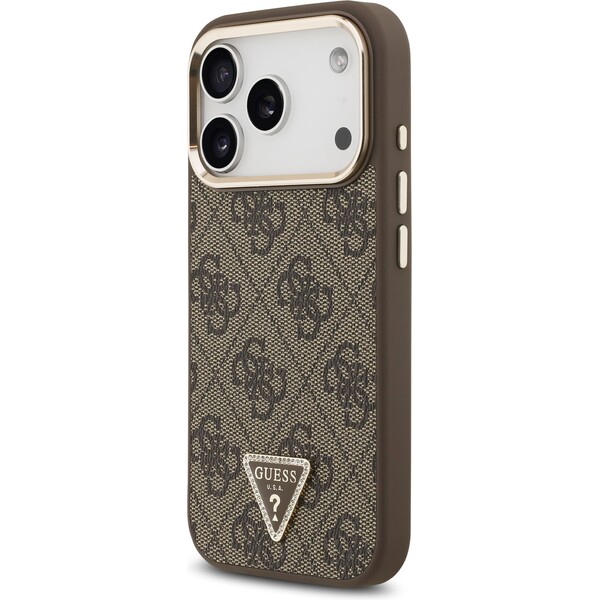 Guess-PU-Leather-4G-Triangle-Logo-Gold-Frame-MagSafe-kryt-iPhone-17-Pro-hnedy