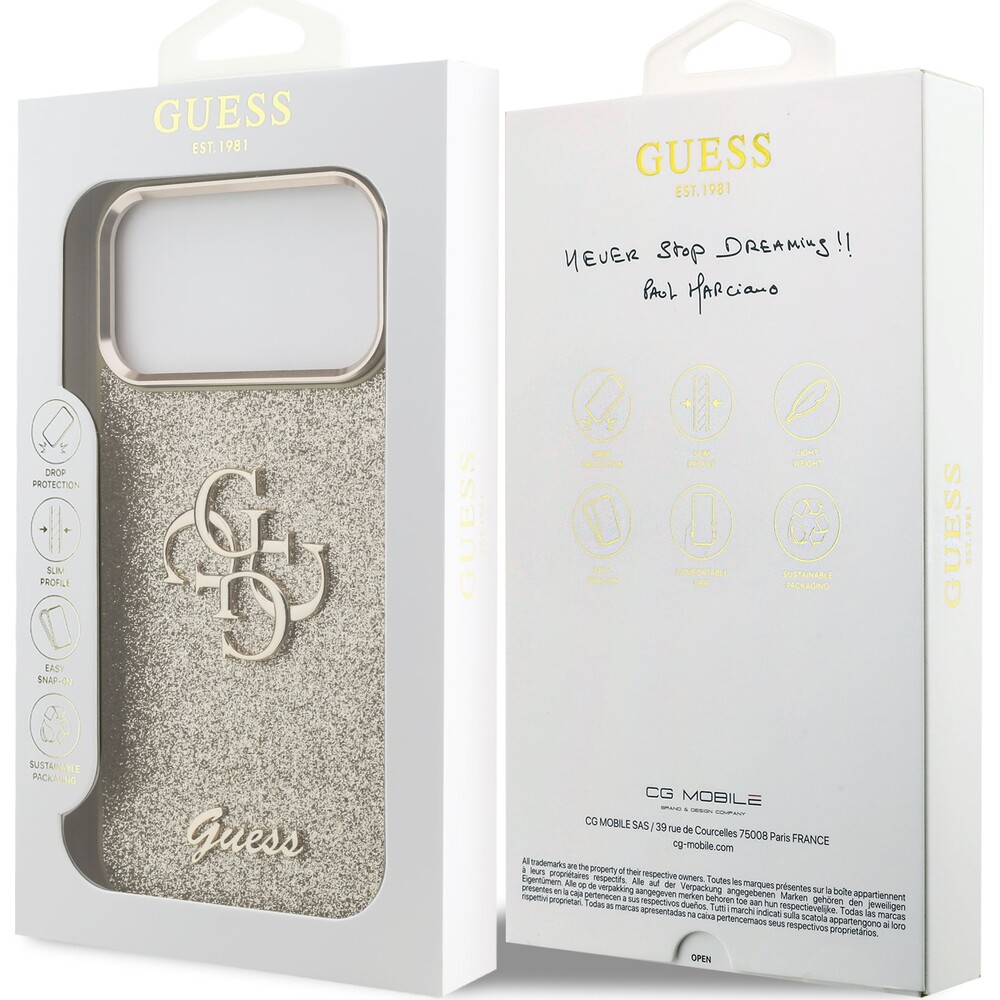 Guess-PU-Fixed-Glitter-4G-Metal-Frame-kryt-iPhone-17-Pro-Max-zlaty