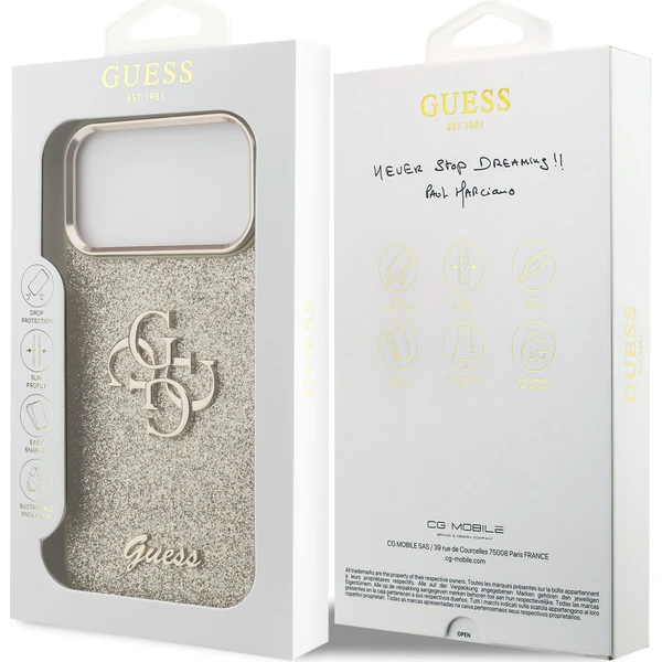 Guess-PU-Fixed-Glitter-4G-Metal-Frame-kryt-iPhone-17-Pro-Max-zlaty