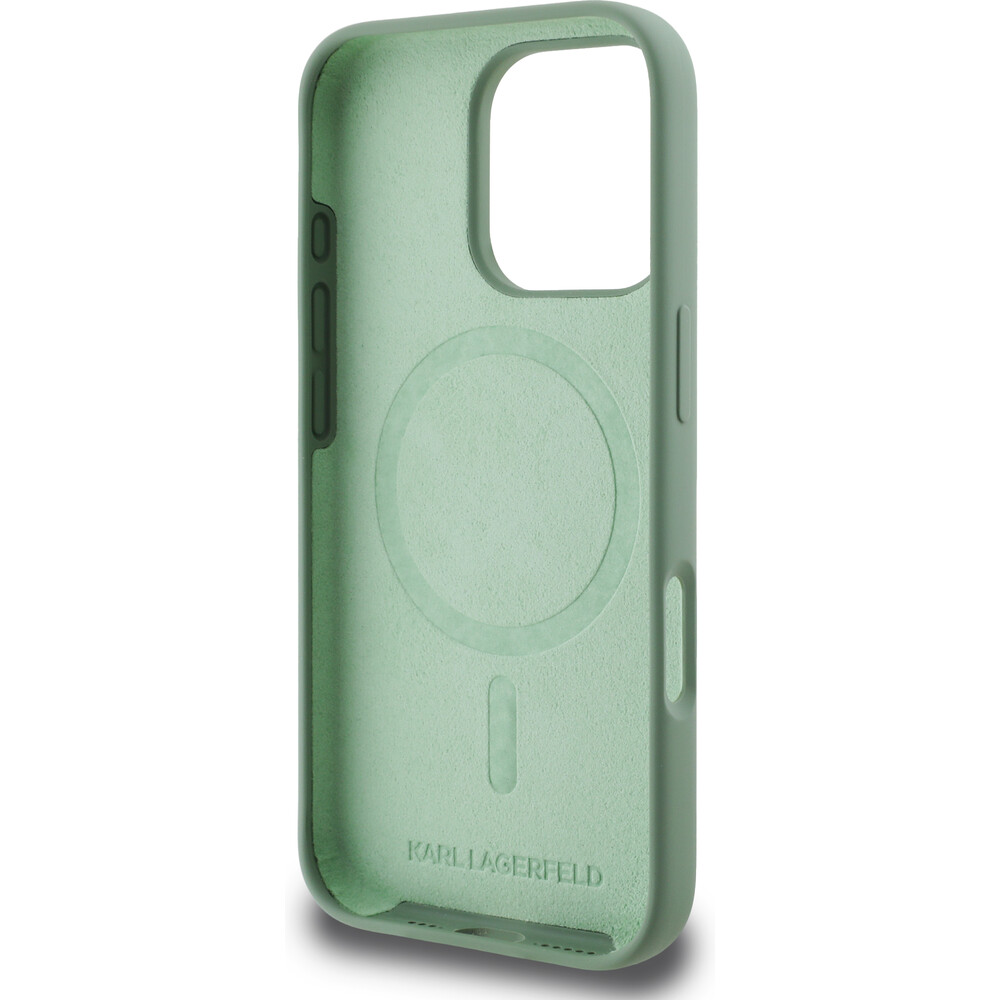 Karl-Lagerfeld-Liquid-Silicone-K-CH-Heads-MagSafe-kryt-iPhone-16-Pro-zeleny