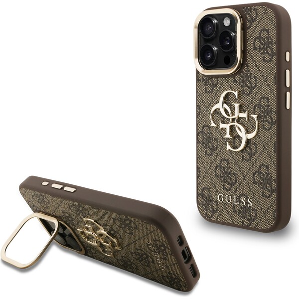 Guess-PU-4G-Metal-Logo-Stand-Camera-Frame-kryt-iPhone-15-Pro-hnedy