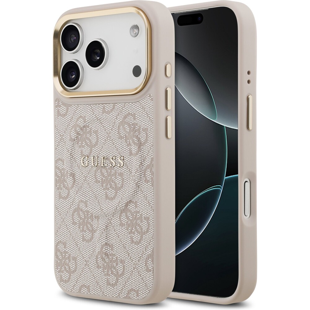 Guess-PU-Leather-4G-Gold-Frame-MagSafe-kryt-iPhone-17-Pro-ruzovy