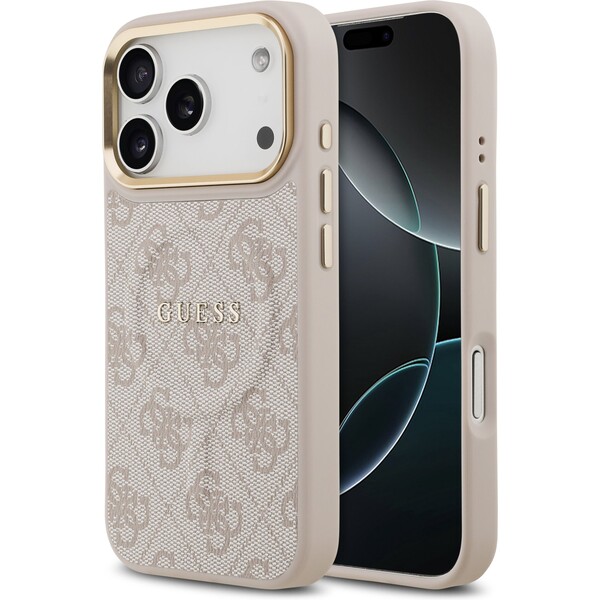 Guess-PU-Leather-4G-Gold-Frame-MagSafe-kryt-iPhone-17-Pro-ruzovy
