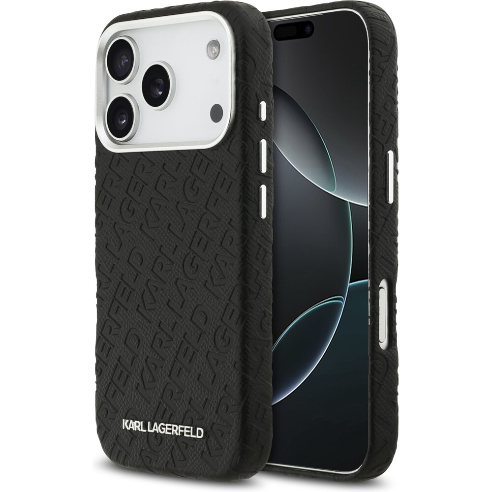 Karl-Lagerfeld-Grained-PU-Repeated-Logo-MagSafe-kryt-iPhone-17-Pro-cerny