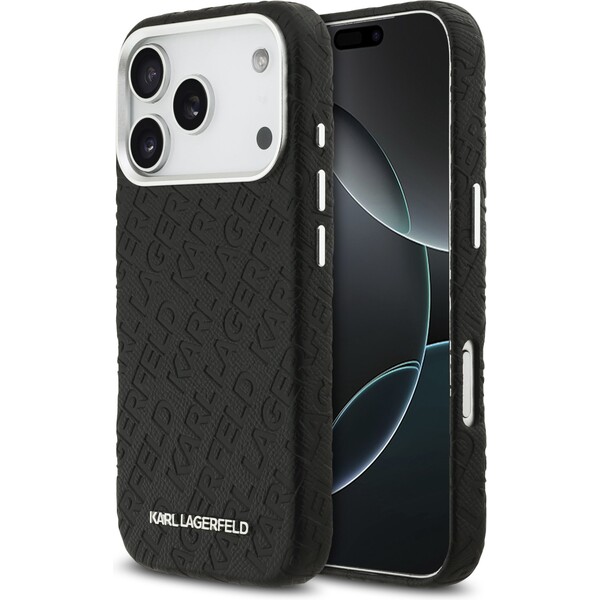 Karl-Lagerfeld-Grained-PU-Repeated-Logo-MagSafe-kryt-iPhone-17-Pro-cerny