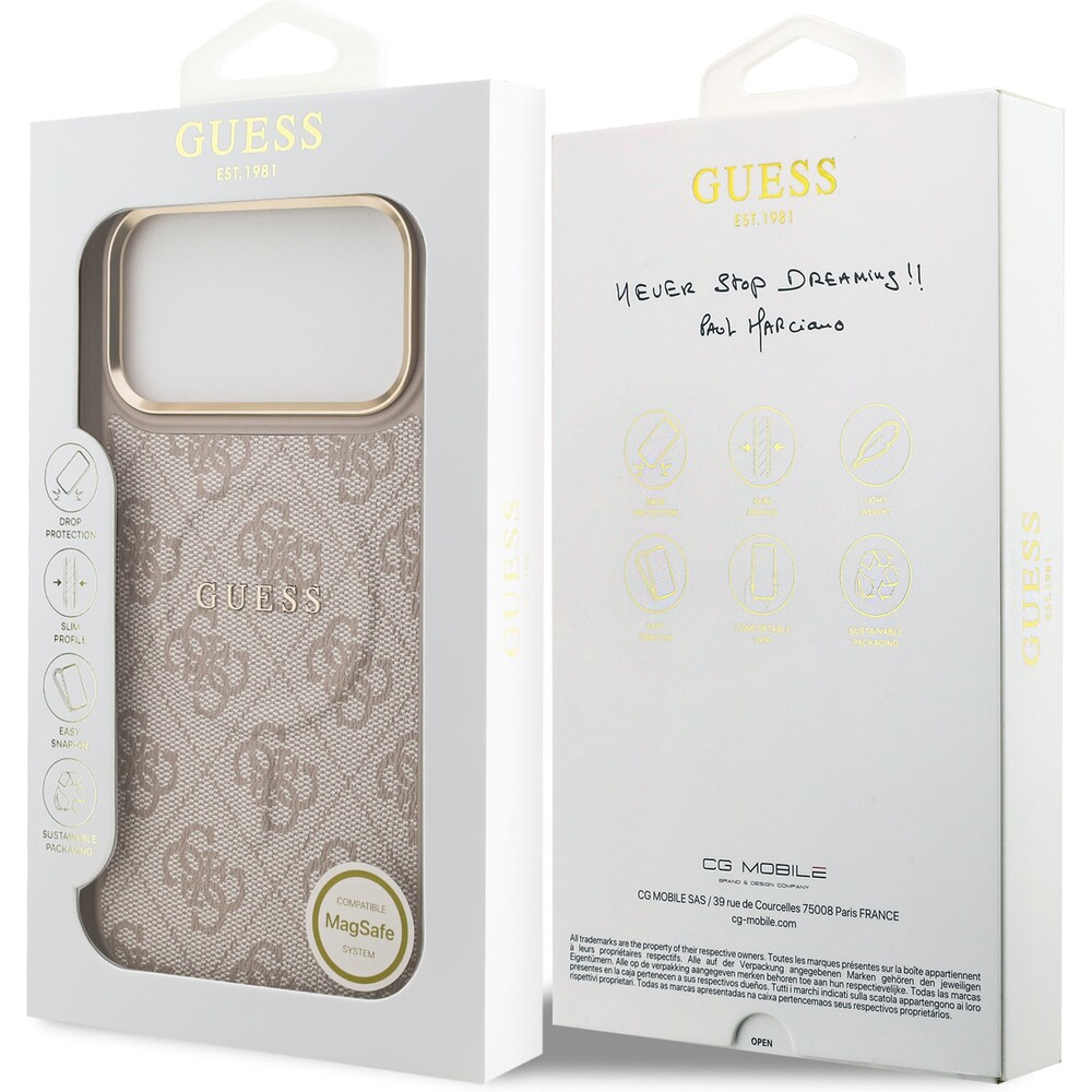 Guess-PU-Leather-4G-Gold-Frame-MagSafe-kryt-iPhone-17-Pro-Max-ruzovy