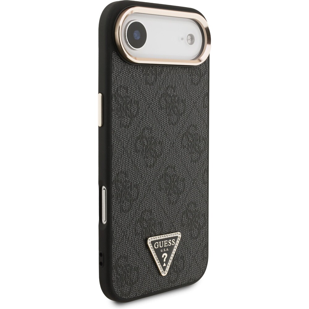 Guess-PU-Leather-4G-Triangle-Logo-Gold-Frame-MagSafe-kryt-iPhone-Air-cerny