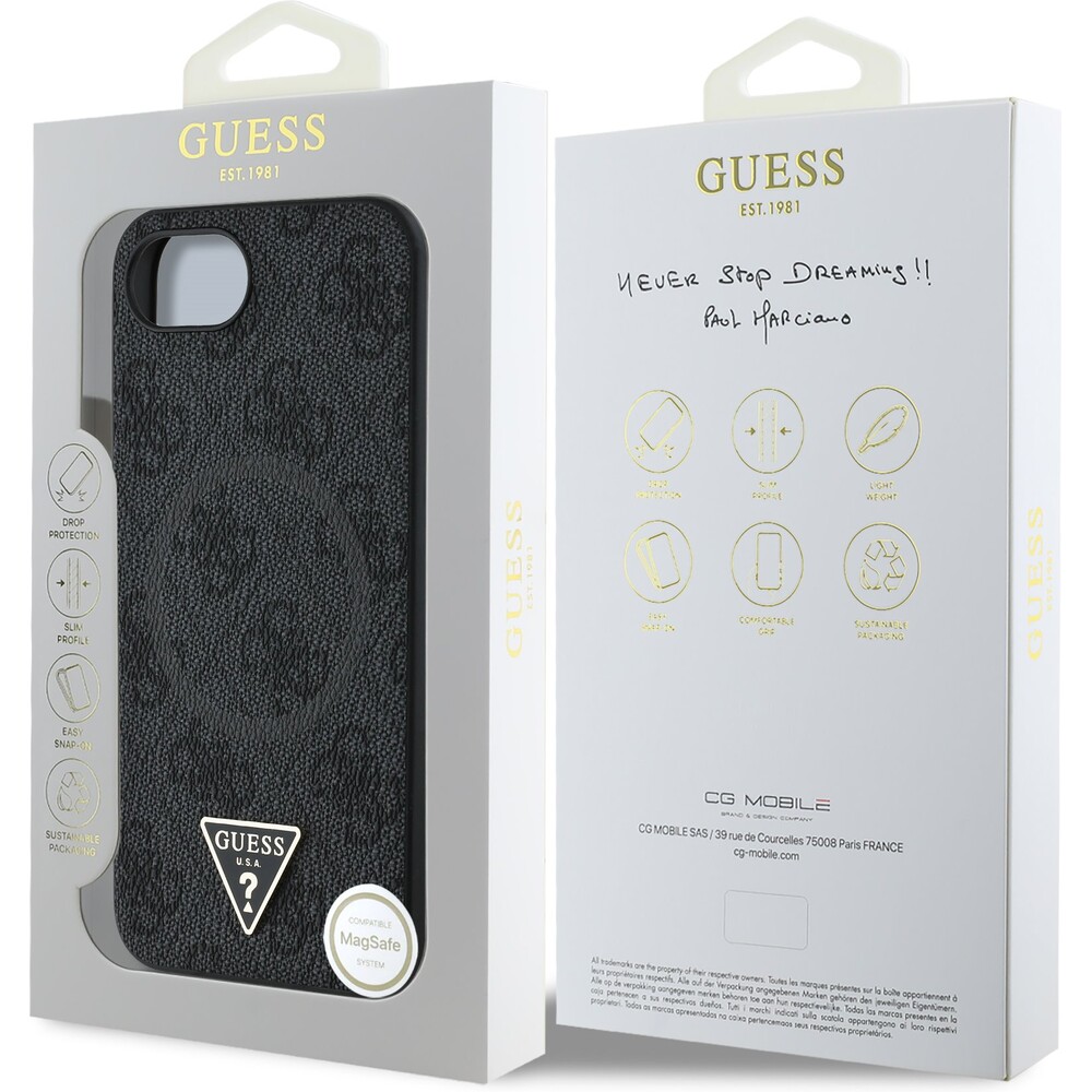 Guess-PU-4G-Strass-Triangle-Metal-Logo-kryt-iPhone-17e-16e-cerny