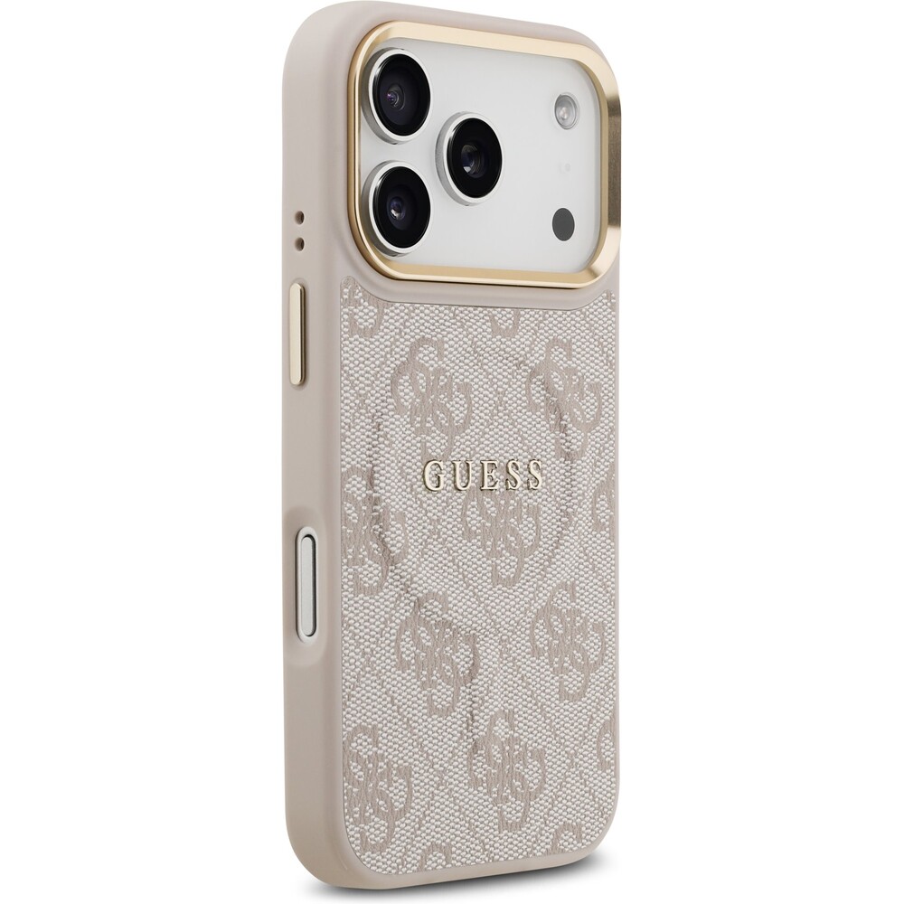 Guess-PU-Leather-4G-Gold-Frame-MagSafe-kryt-iPhone-17-Pro-ruzovy