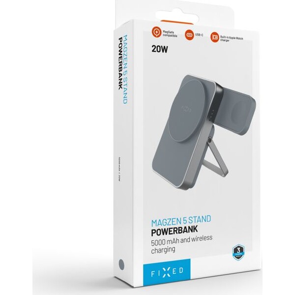 FIXED-MagZen-5-Stand-MagSafe-powerbanka-5000-mAh-se-stojankem-20W-seda