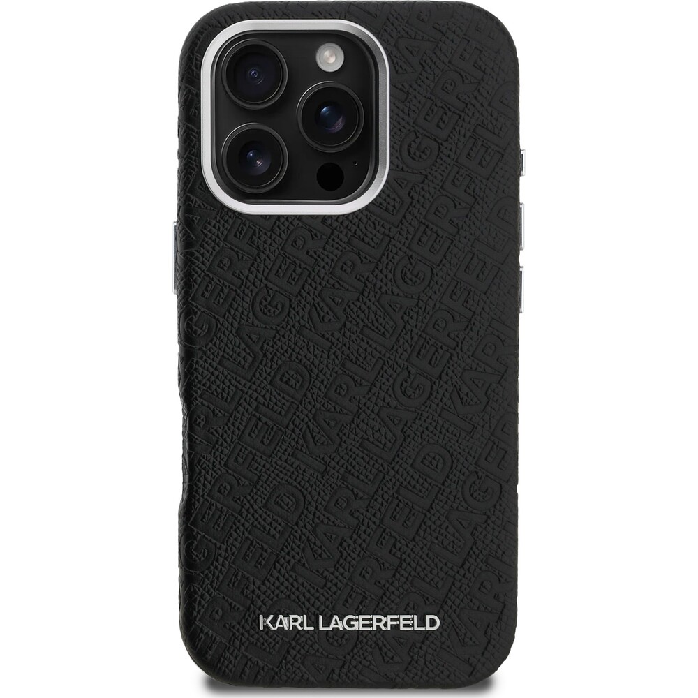 Karl-Lagerfeld-Grained-PU-Repeated-Logo-MagSafe-kryt-iPhone-16-Pro-cerny