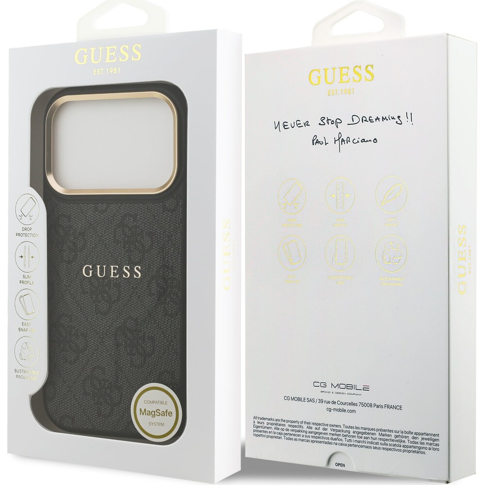 Guess-PU-Leather-4G-Gold-Frame-MagSafe-kryt-iPhone-17-Pro-cerny