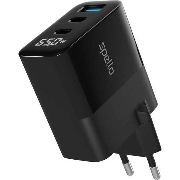 Spello-ForceBoost-Display-GaN-65W-nabijeci-adapter-cerny