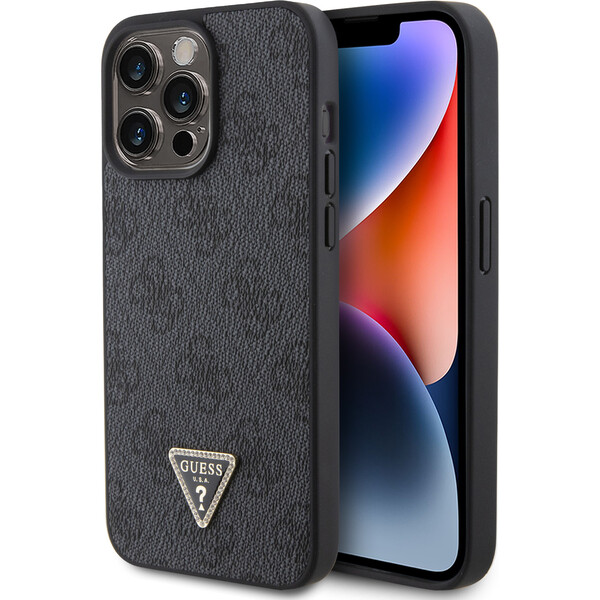 Guess-PU-4G-Strass-Triangle-Metal-Logo-kryt-iPhone-15-Pro-Max-cerny