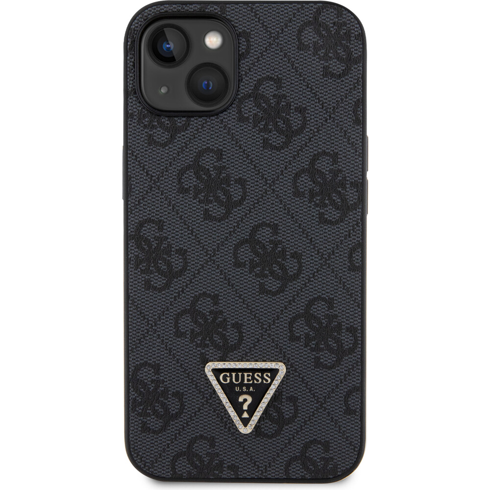 Guess-PU-4G-Strass-Triangle-Metal-Logo-kryt-iPhone-15-cerny