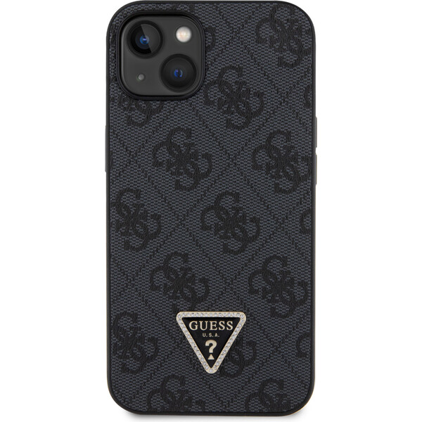 Guess-PU-4G-Strass-Triangle-Metal-Logo-kryt-iPhone-15-cerny