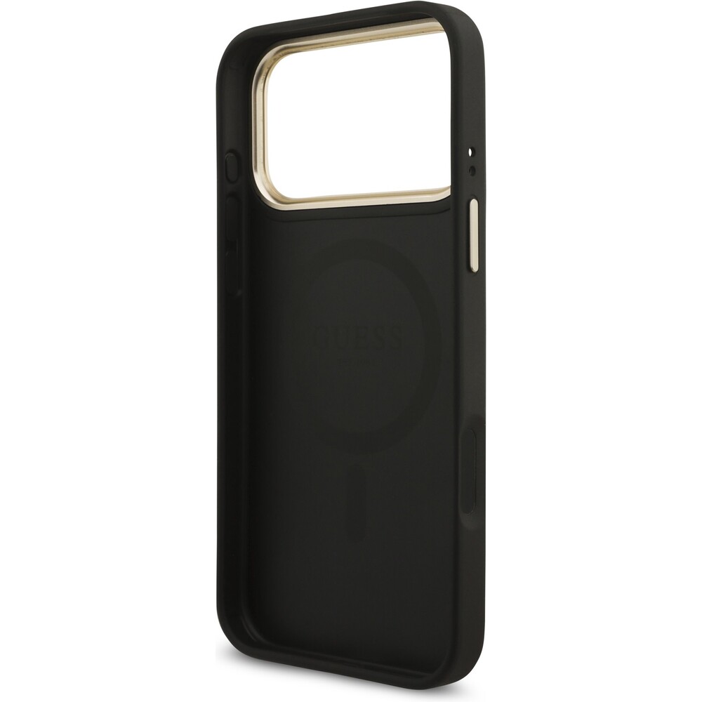 Guess-PU-Leather-4G-Triangle-Logo-Gold-Frame-MagSafe-kryt-iPhone-17-Pro-Max-cerny