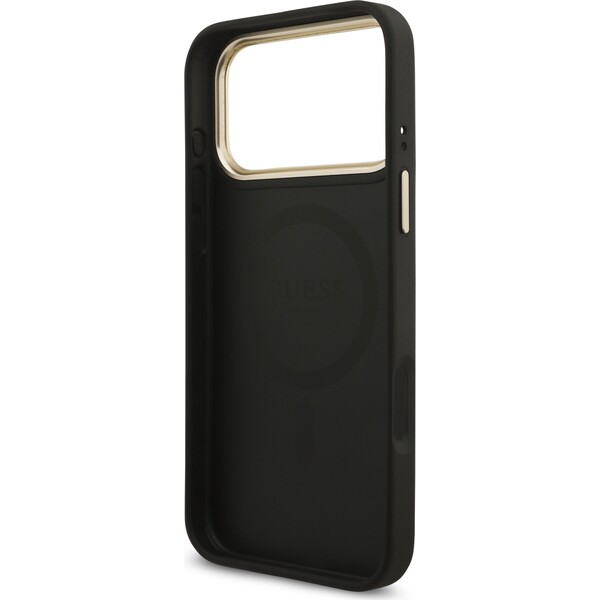 Guess-PU-Leather-4G-Triangle-Logo-Gold-Frame-MagSafe-kryt-iPhone-17-Pro-Max-cerny