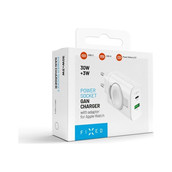 FIXED-Power-Socket-GaN-nabijecka-USB-A-USB-C-a-nabijeckou-pro-Apple-Watch-bila