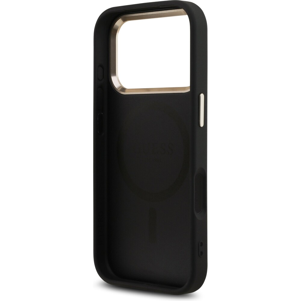 Guess-PU-Leather-4G-Triangle-Logo-Gold-Frame-MagSafe-kryt-iPhone-17-Pro-cerny