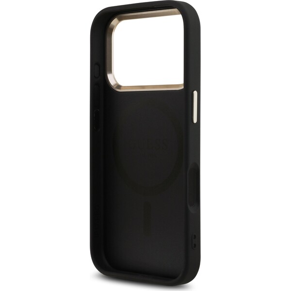 Guess-PU-Leather-4G-Triangle-Logo-Gold-Frame-MagSafe-kryt-iPhone-17-Pro-cerny